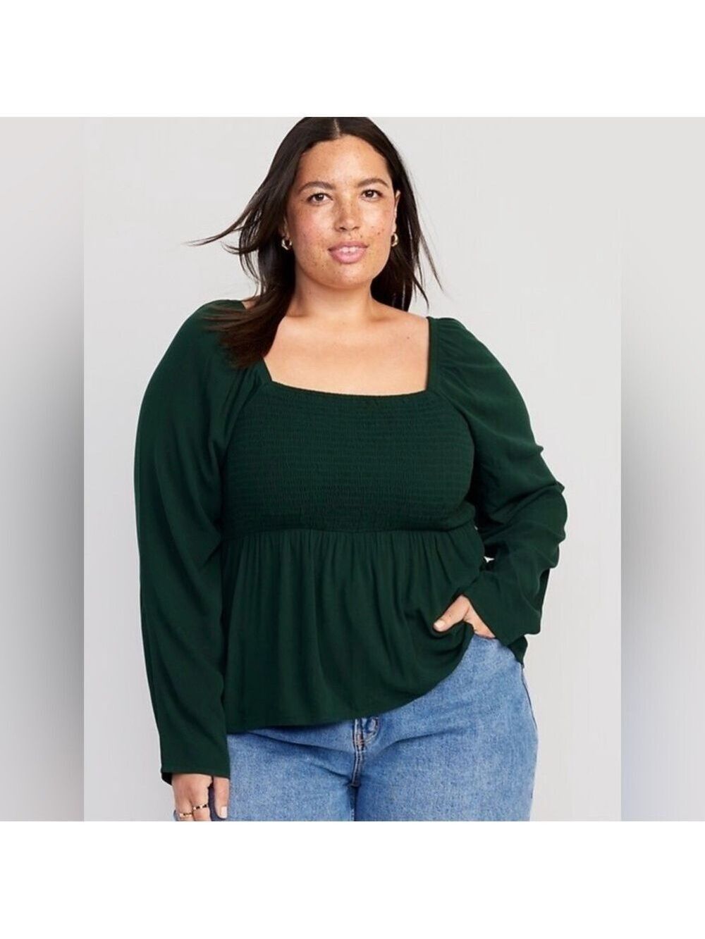 Old Navy Long Sleeve Smocked Peplum Blouse Dark Bottle Green size XXL